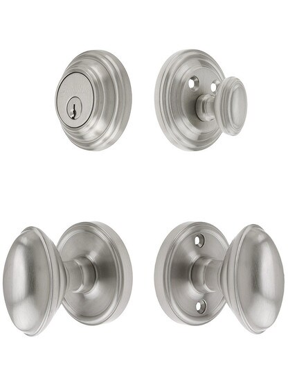 Grandeur Georgetown Entry Door Set, Keyed Alike with Eden Prairie Knobs in Satin Nickel.